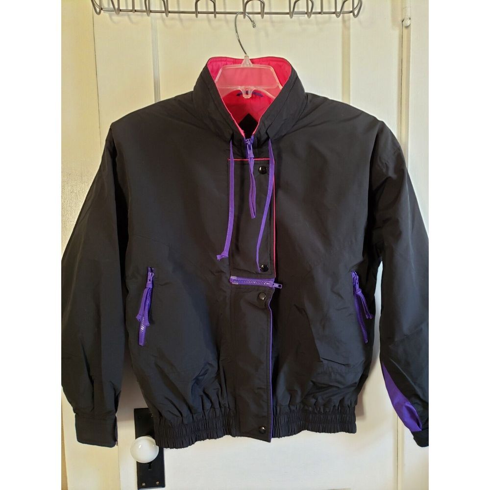 Cabin Creek Windbreaker‎ Jacket Women sz Medium Black Purple Vintage 80s Coat